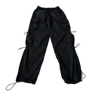 GARAGE Women's Nylon Cargo Parachute Pants Sz P/S Black Pockets Cinch Retro 90s